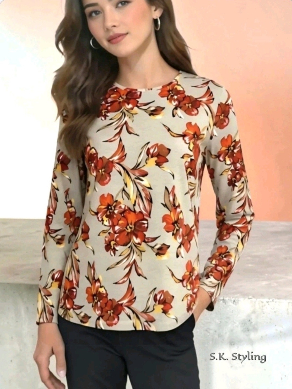 Croft & Barrow Knit Top 100% Cotton Tan & Rust Floral Long Sleeve Large